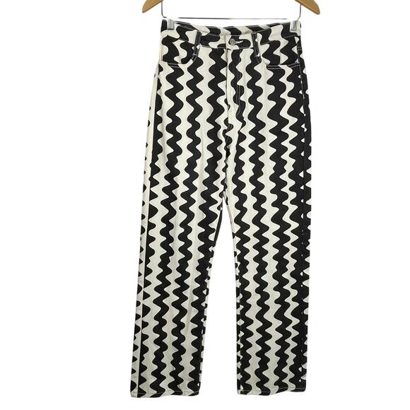 Cider XS Black White Wave Print Jeans High Rise Straight Leg Retro Mod Indie - Picture 1 of 15